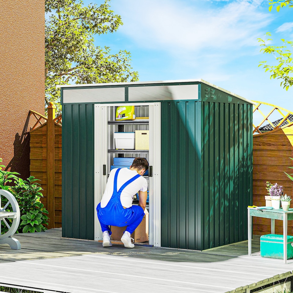 image 1 of Outsunny 6.5 x 4FT Galvanised Metal Garden Shed with Double Sliding Doors and 2 Vents, Lockable Tool Storage House with Foundation Kit, Green