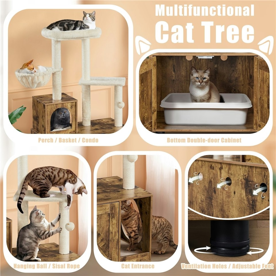 image 1 of Yaheetech Litter Box Enclosure with Cat Tree Tower Brown | Rustic Brown/Beige | One Size