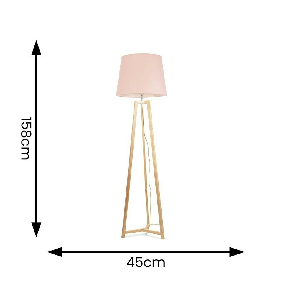 image 1 of ValueLights Lottie Natural Wood Tripod Floor Lamp with Pink Fabric Tapered Shade and LED Bulb