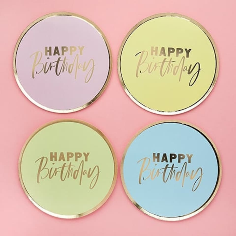image 1 of Assorted Pastel Colour with Gold Foil Happy Birthday Round Paper Plates 23cm - Pack of 8 Gold