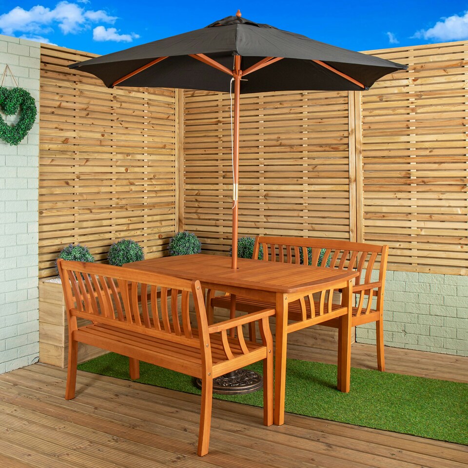 image 1 of Outdoor 4 Person Rectangular Wooden Garden Dining Table & 2 Benches with Black Parasol & Base Furniture Set