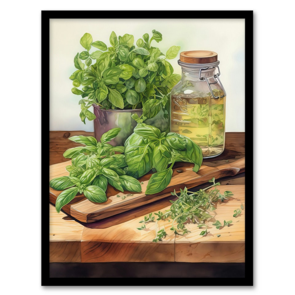 image 1 of Country Kitchen Art Watercolour Basil Herb Black Framed Wall Art Print A4