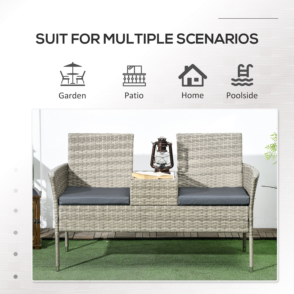 image 1 of Outsunny 2 Seat Rattan Garden Bench, Patio Wicker Chair with Glass Tea Table, Outdoor Love Seat with Padded Cushions, for Garden, Porch, Mixed Grey/Grey