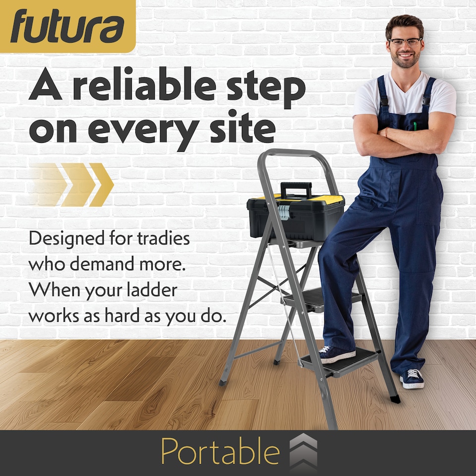 image 1 of Futura 3 Step Ladder Grey, Heavy-Duty Steel Folding Home DIY Step Stool with Wide Non-Slip Steps & Anti Slip Feet 150kg Capacity