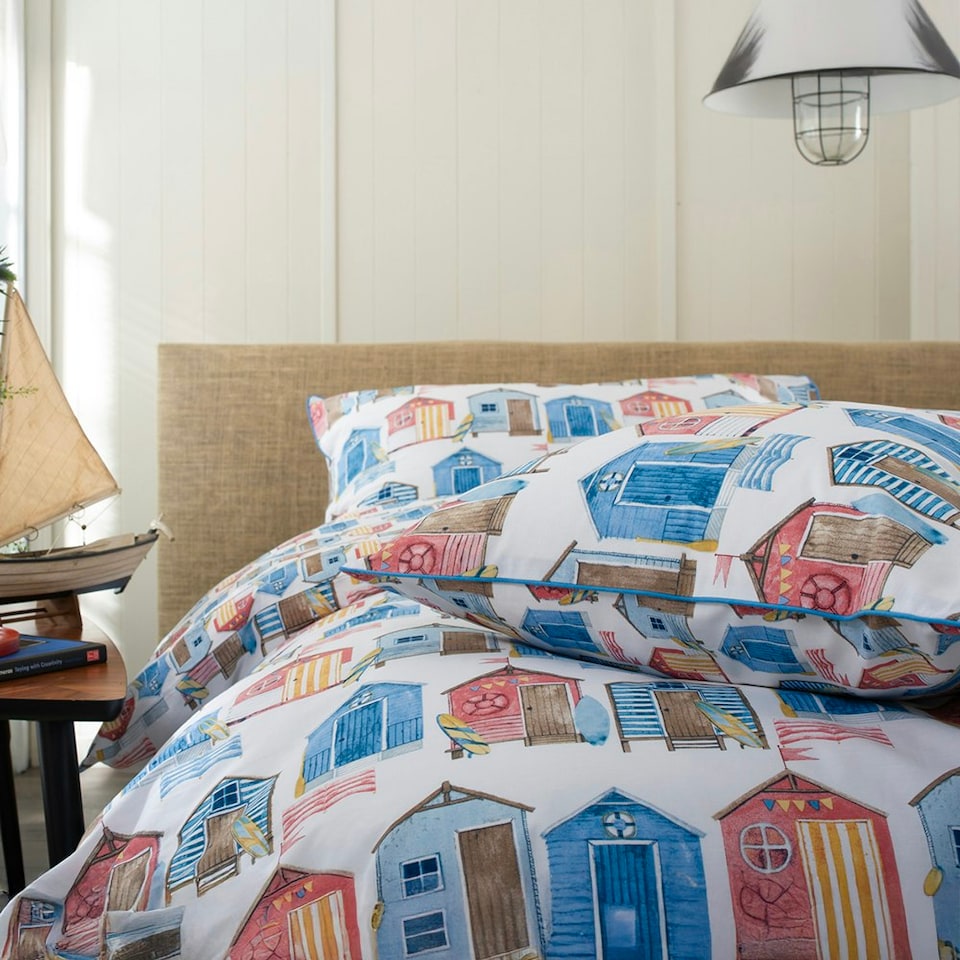 image 1 of Queens Parade 100% Cotton Duvet Set with Vibrant Beach Hut Print and Piped Edging Multi | White | King