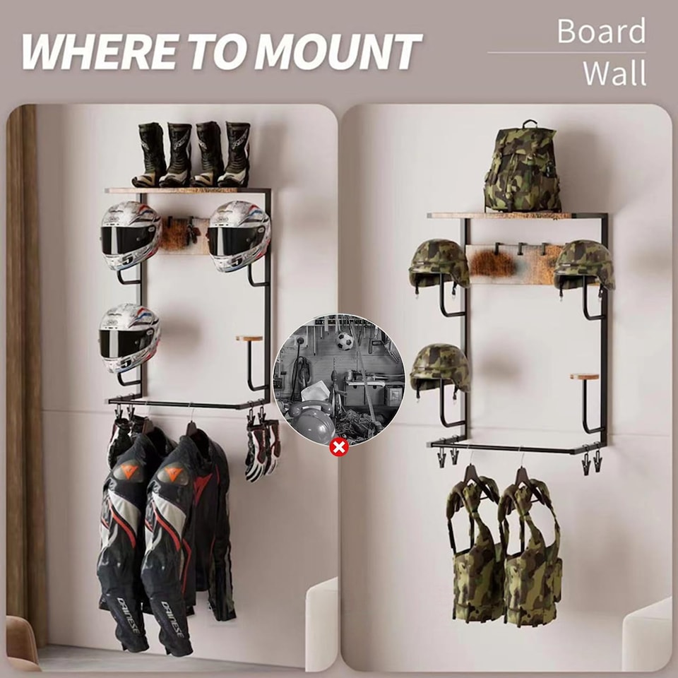 image 1 of London Boutique Motorcycle Helmet Wall Storage Rack with Riding Boot & Jacket Hooks 42 x 25 x 81cm