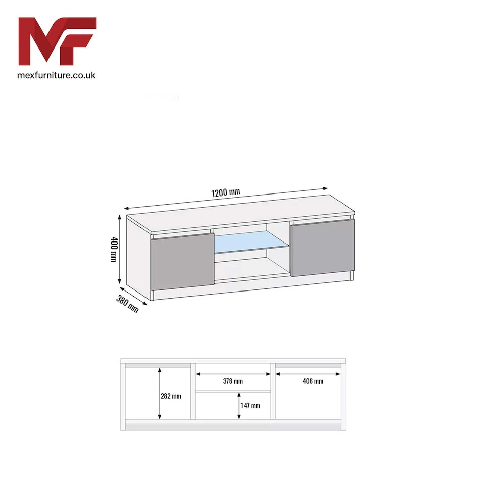 image 1 of TV Unit TV Stand Grey High Gloss Media Console Sideboard Storage Cabinet 120cm