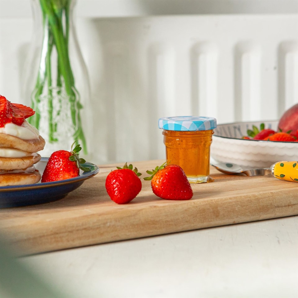 image 1 of Argon Tableware Glass Jam Jars with Blue Gingham Lids - 30ml - Pack of 6