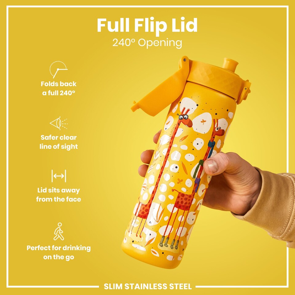 image 1 of Leak Proof Slim Water Bottle, Stainless Steel, 600ml (20oz) | Yellow | Giraffes | One Size