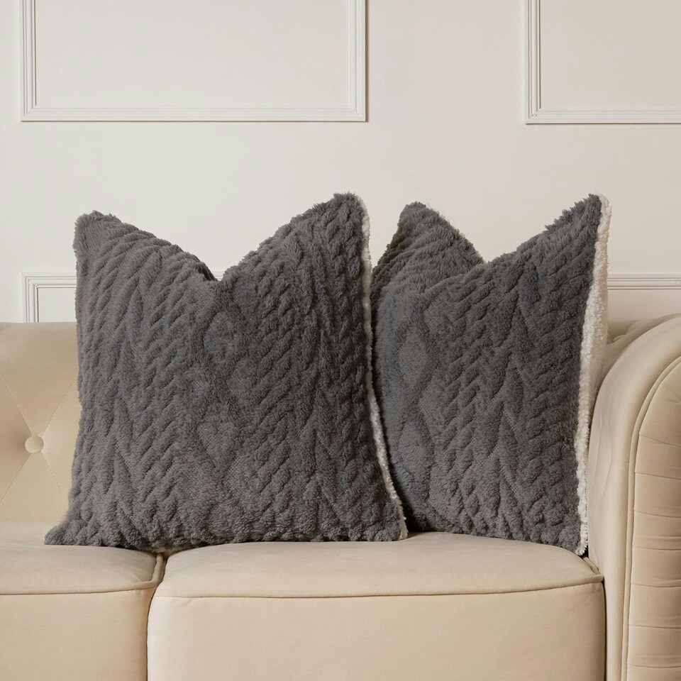 image 1 of OHS 4 x Cable Knit Sherpa Texture Filled Cushions, 45x45cm - Grey