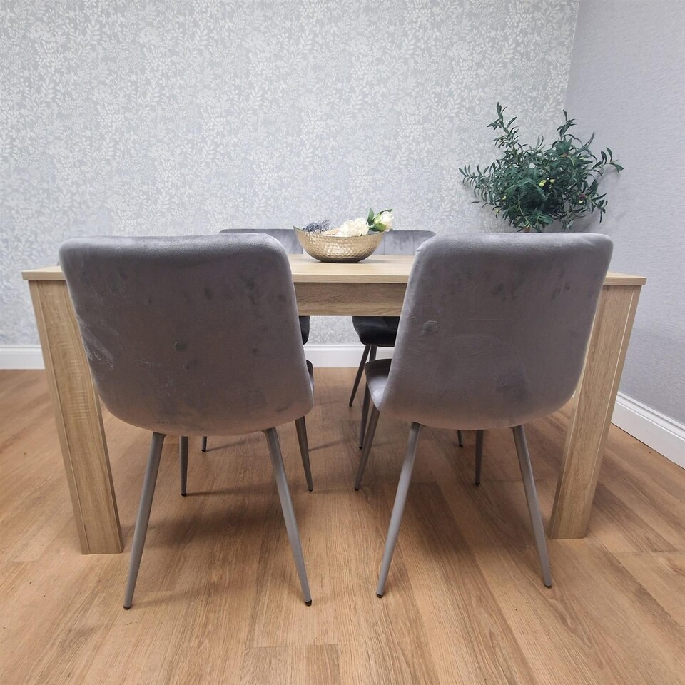Oak Effect Dining Table Set With 4 Grey Velvet Chairs Dining Room ...