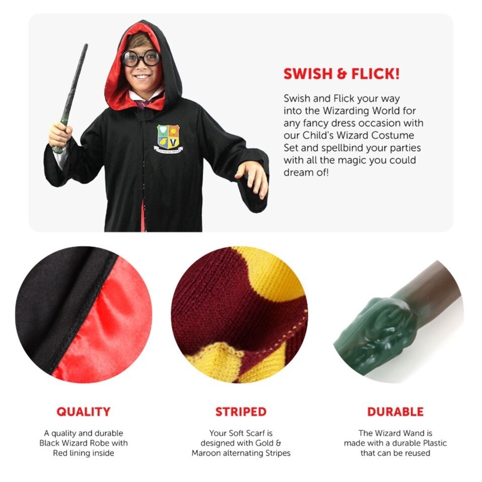 image 1 of Wizard Costume - Robe, Scarf, Glasses & Wand Black | S
