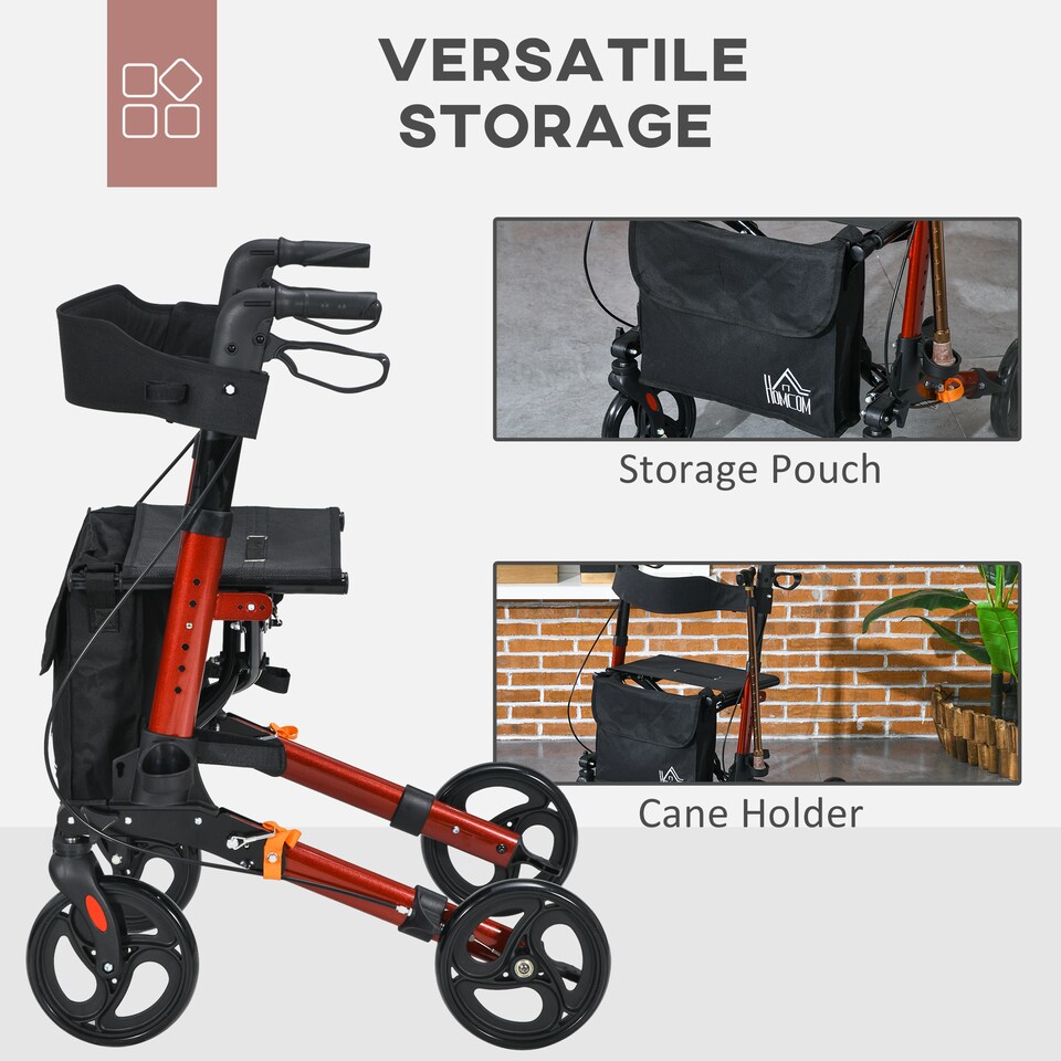 image 1 of HOMCOM 4 Wheel Rollator Walker, Mobility Walker with Bag, Seat, Red