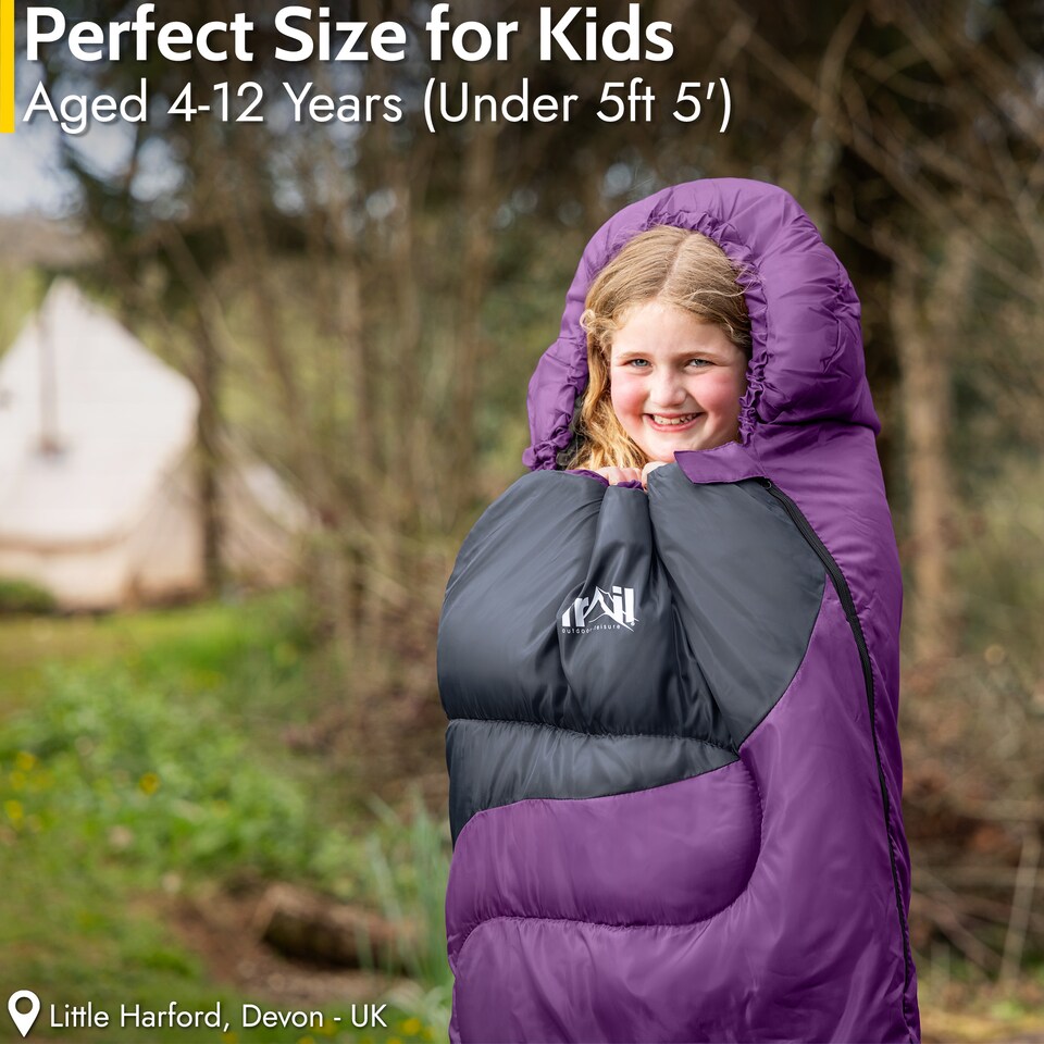 image 1 of Trail Kids Sleeping Bag Mummy Hooded 3 Season Soft Warm 2 Way Zip Boys Girls | Purple | Kids | 1