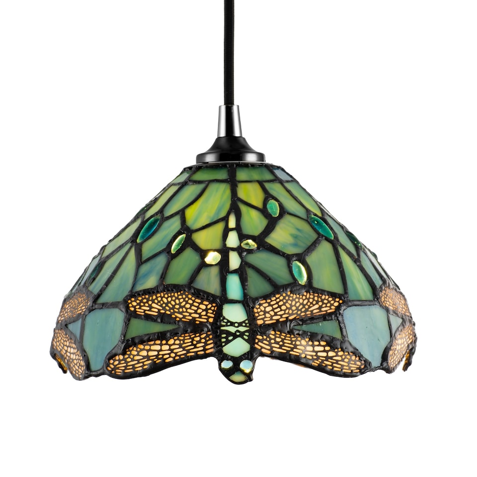 image 1 of Dragonfly Themed Emerald Stained Glass Tiffany Pendant Lighting Shade with Beads | Green
