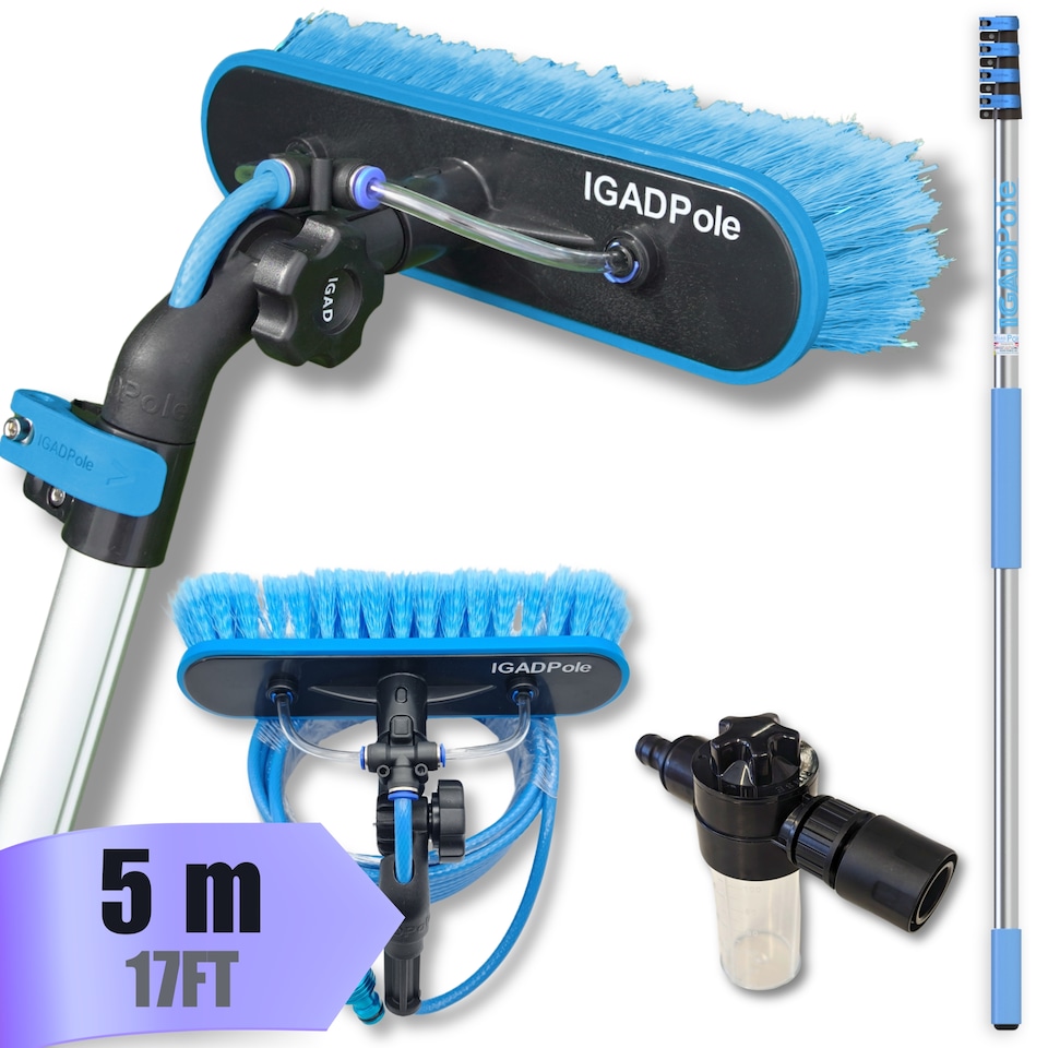 image 1 of IGAD Pole 5m (17ft) Extension Pole Kit with Water-fed Brush and Hose, with 4-Stage Telescoping Pole 5-17ft Pole