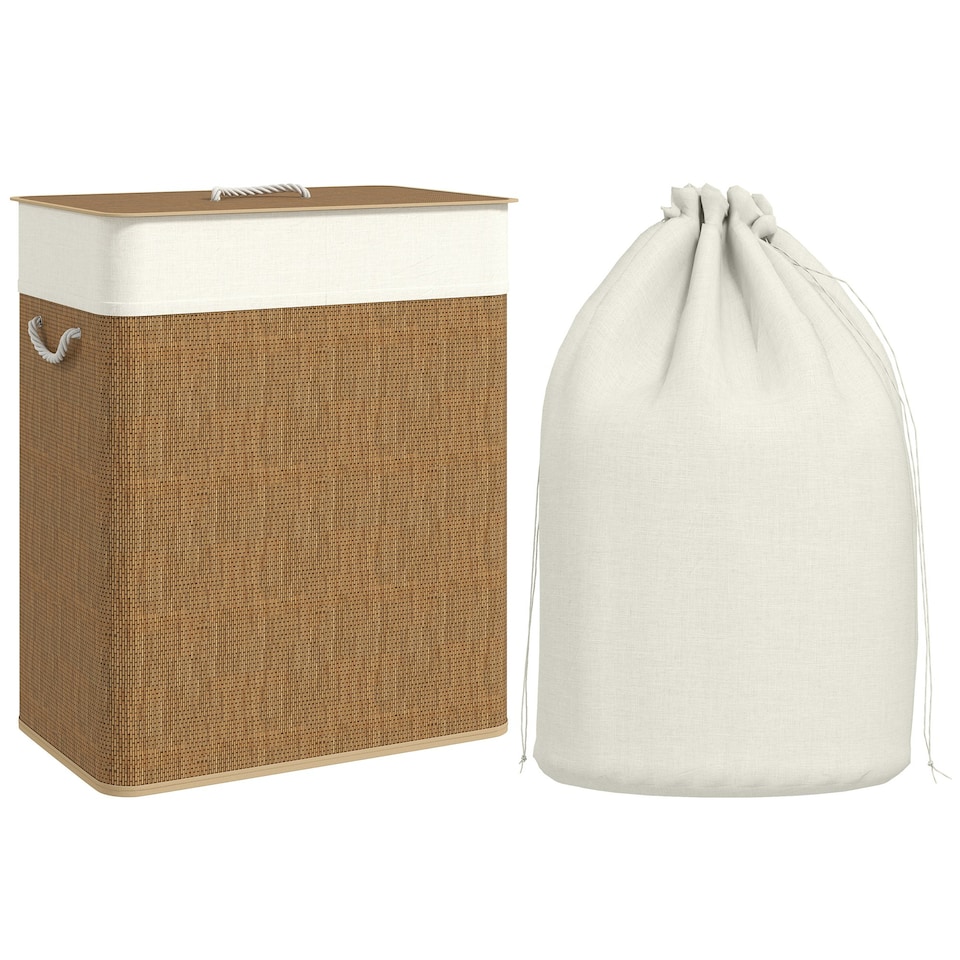 image 1 of HOMCOM 100L Laundry Basket with Lid, Washing Basket for Bathroom, Brown Brown | Cream White