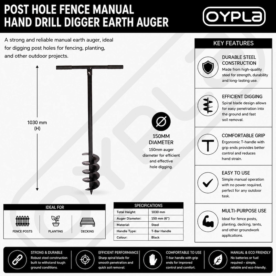 image 1 of Post Hole Fence Manual Hand Drill Digger Earth Auger 150mm 6