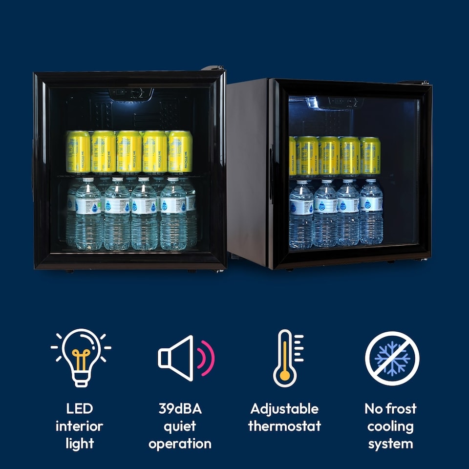 image 1 of SIA DC3B Mini Drinks Fridge, Table Top 46L Wine Cooler With Glass Door, Black