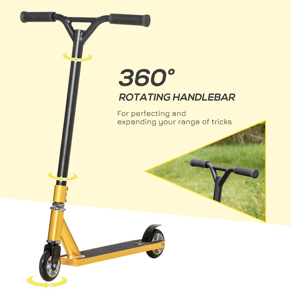 image 1 of HOMCOM Stunt Scooter, 360 degree Entry Level Tricks Scooter with Lightweight Aluminium Deck and ABEC 7 Bearing, For Age 14 older Beginners, Gold Tone