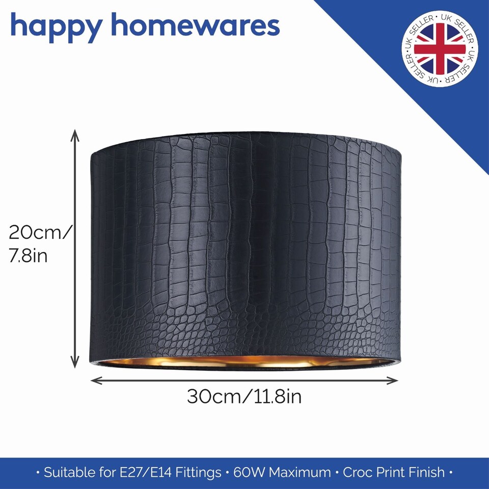 image 1 of Modern Black Croc Design Faux Leather 12 inch Lamp Shade with Shiny Gold Inner
