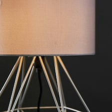 ValueLights Modern Geometric Grey Metal Cage Bedside Table Lamp With Grey Fabric Shade