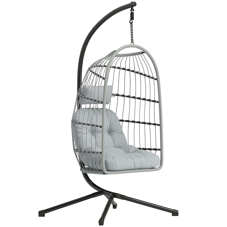 image 1 of Outsunny Hanging Egg Chair, Outdoor Swing Chair with Stand, Light Grey | Grey | Light Grey | One Size
