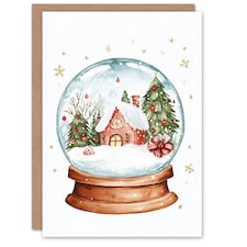 Winter Cabin Decorated Trees Snow Globe Blank For Him Or Her Art Xmas Festive Christmas Card
