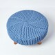 image 3 of Homescapes Blue Large Round Cotton Knitted Footstool on Legs