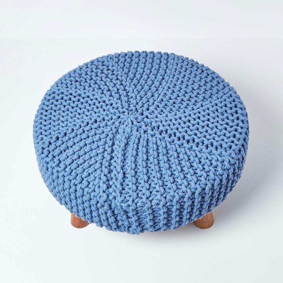 image 1 of Homescapes Blue Large Round Cotton Knitted Footstool on Legs