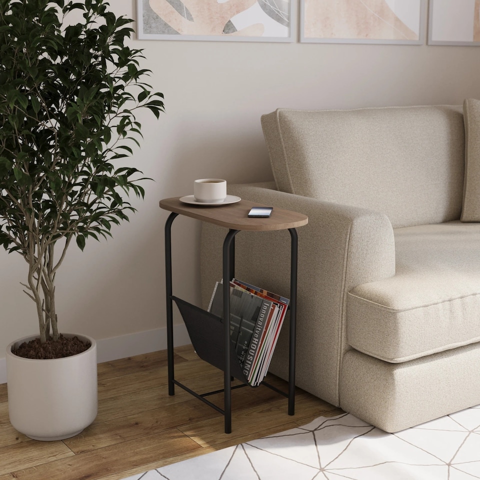 image 1 of Slim Oval Side End Table with Magazine Holder Sling Rack Coffee Snacks Newspapers | Multi | Oak