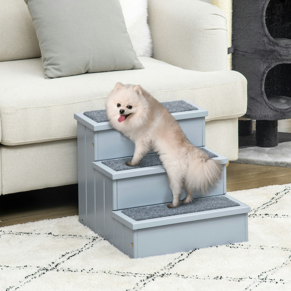 image 1 of PawHut 3 Step Wooden Dog Steps Pet Stairs Cat Ladder for Bed with Storage Grey