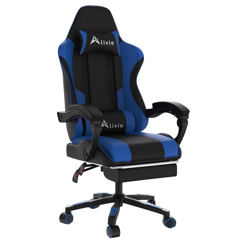 image 1 of Alivio Ergonomic Gaming Chair with Massage Lumbar Cushion & Retractable Footrest, PU Leather Video Game Chair (Blue)