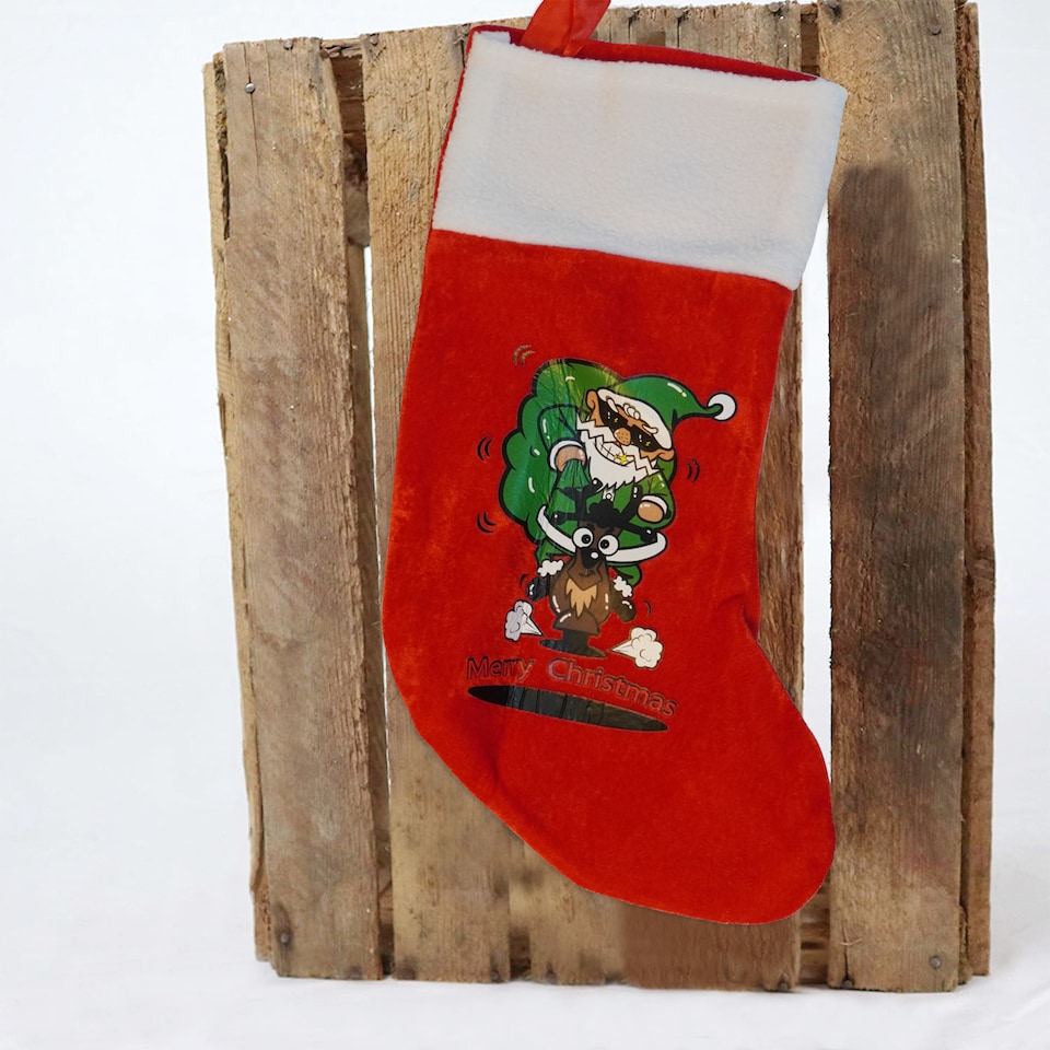 image 1 of Red Velvet Christmas Stocking Santa & Reindeer Design for Gift