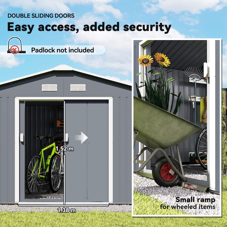 image 1 of Outsunny 13 x 11ft Metal Garden Shed, Outdoor Storage Tool House with Ventilation Slots, Foundation Kit and Lockable Double Doors, Grey
