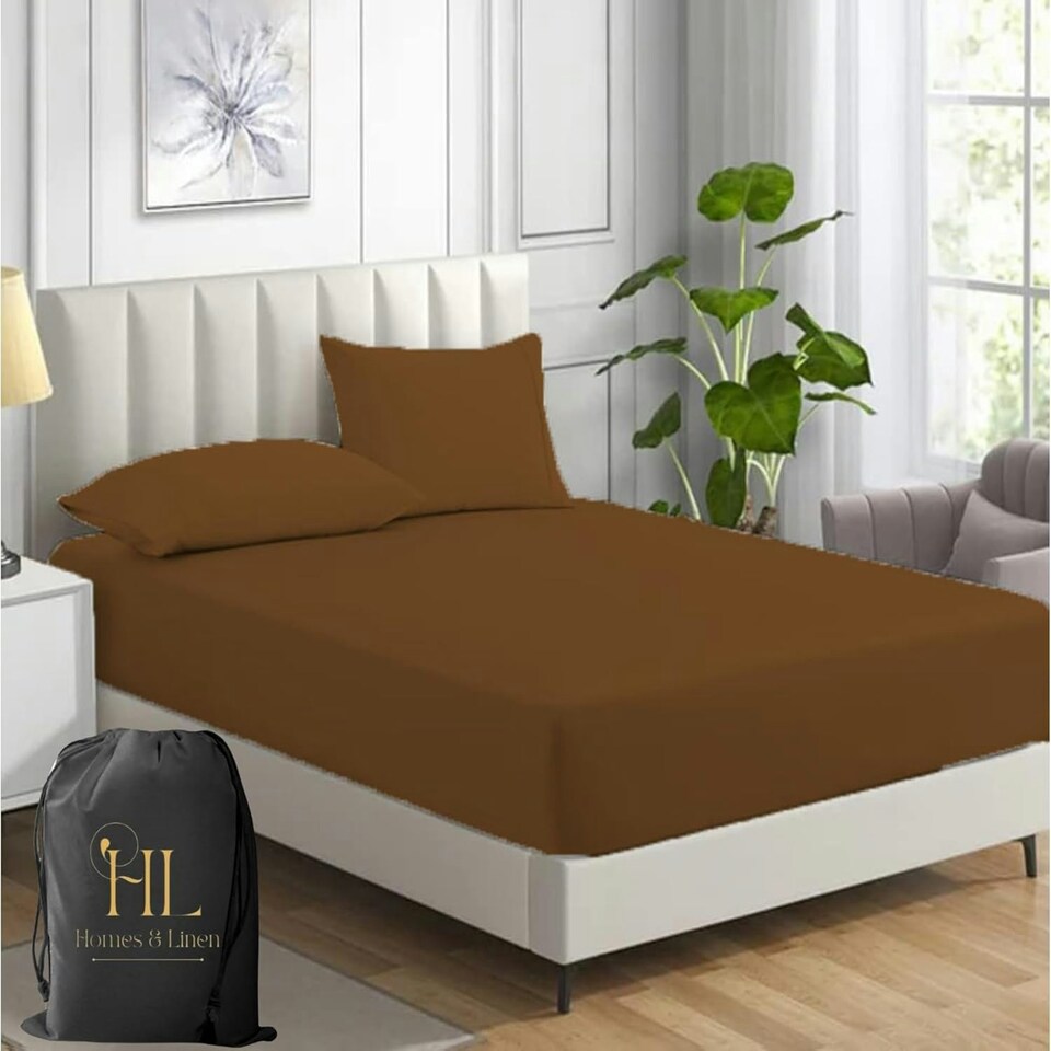 image 1 of Homes-Linen Fitted Sheet Percale Rich Cotton 180 Thread Count Non Iron 25cm Deep Pocket Fitted Bed Sheets Brown | Double