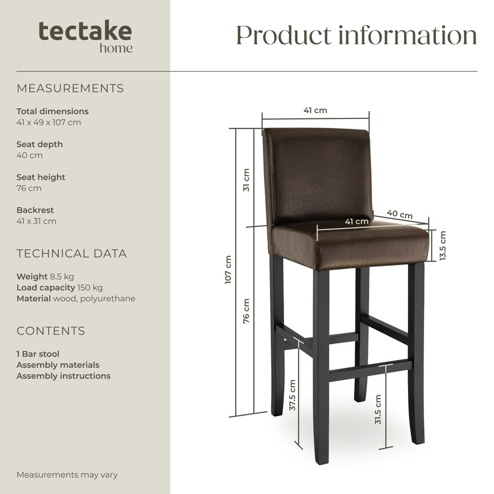 image 1 of Bar Stool - padded backrest, synthetic leather, with footrests - Per Piece Brown