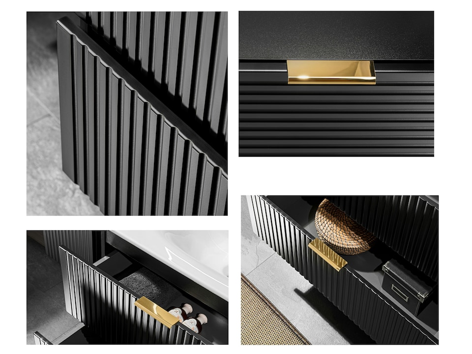 image 1 of Bathroom 600mm Vanity Unit with Countertop and Sink Floating Complete Modern Set Ribbed Textured Black - Adel