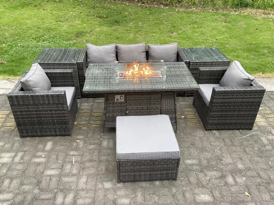 image 1 of Fimous 6 Seater Outdoor PE Rattan Garden Furniture Set Gas Fire Pit Dining Table Gas Heater Burner With 2 Armchairs 2 Side Tables Big Footstool Dark Grey Mixed