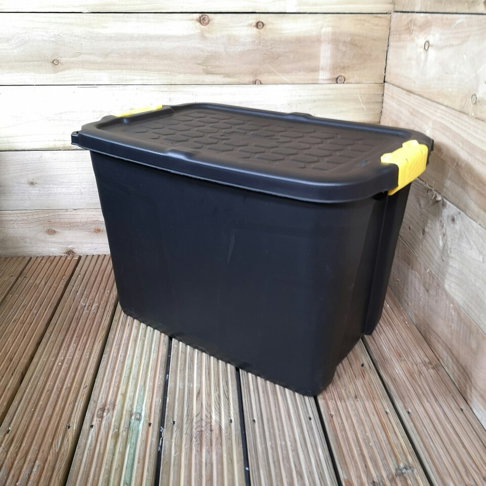 image 1 of 60L Heavy Duty Storage Tub Sturdy, Lockable, Stackable and Nestable Design Storage Chest with Clips in Black