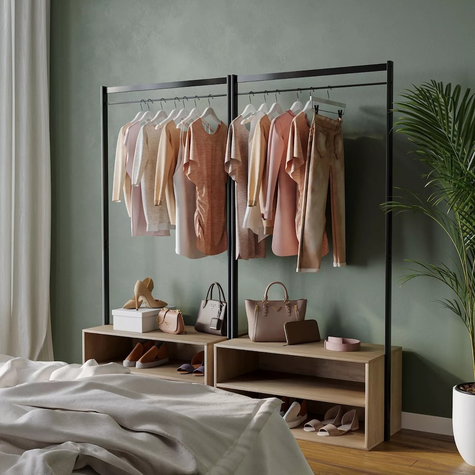 image 1 of Wooden Shoe Rack Shelf Storage and Metal Clothes Coat Garment Hanging Display Rail | Multi | Oak