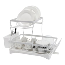 Living and Home Steel Dish Rack with Utensil and Glass Holder - White | White