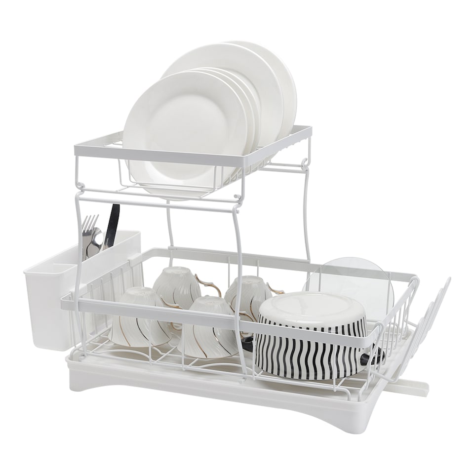 image 1 of Living and Home Steel Dish Rack with Utensil and Glass Holder - White | White