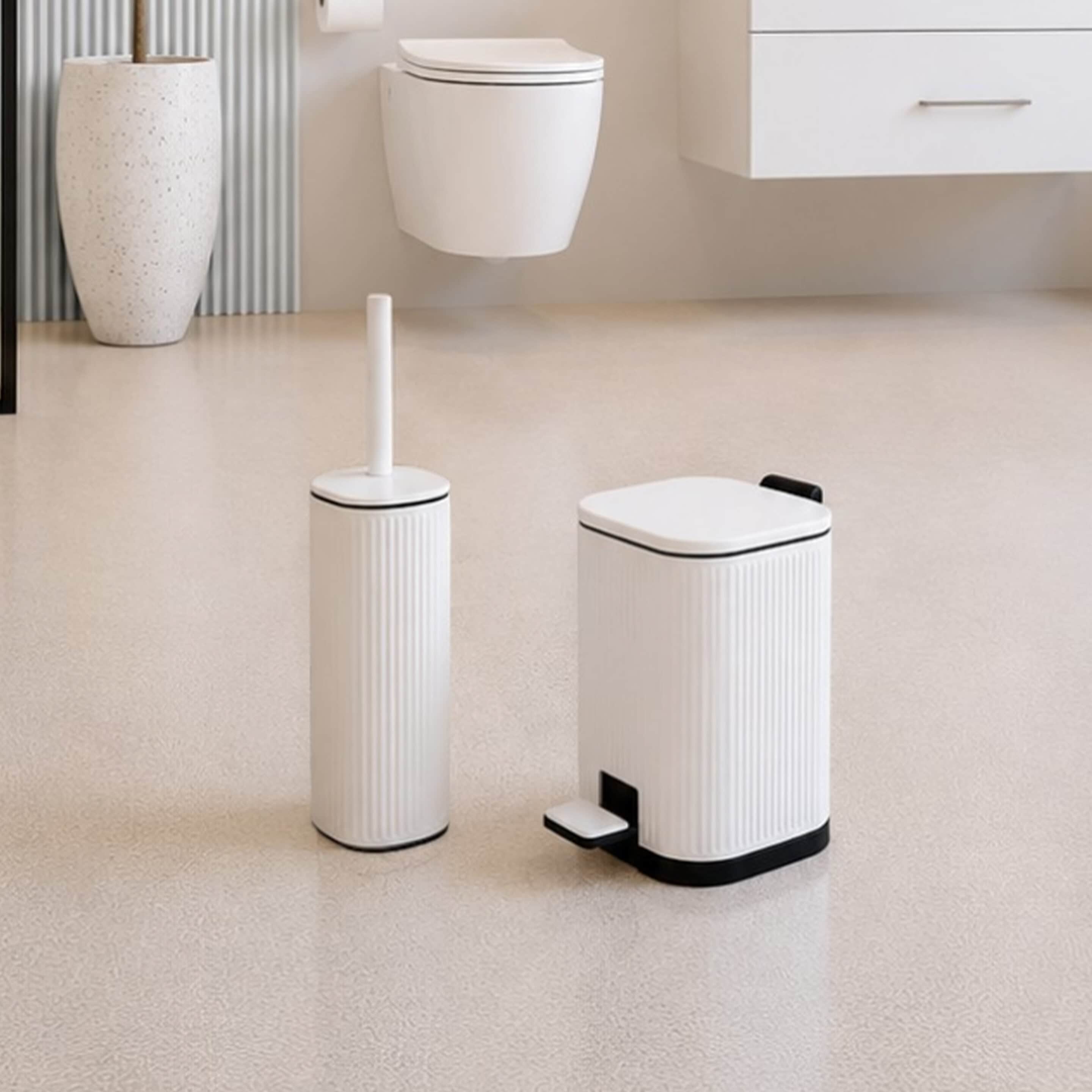 Showerdrape Targa Square Ribbed Toilet Brush & 3L Pedal Bin in White