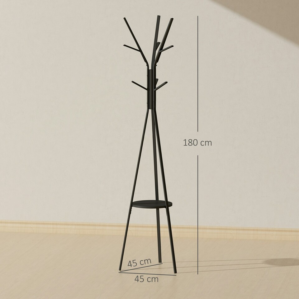 image 1 of HOMCOM 180cm Free Standing Coat Rack Metal Shelf Holder Stand Hat Hanger Black