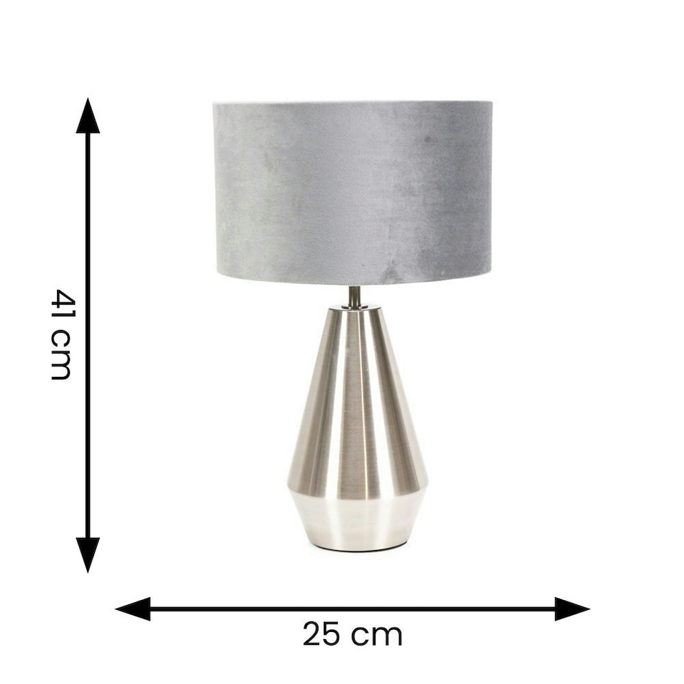 image 1 of ValueLights Jax Brushed Chrome Dimmable Touch Table Lamp with Grey Velvet Drum Shade & LED Bulb