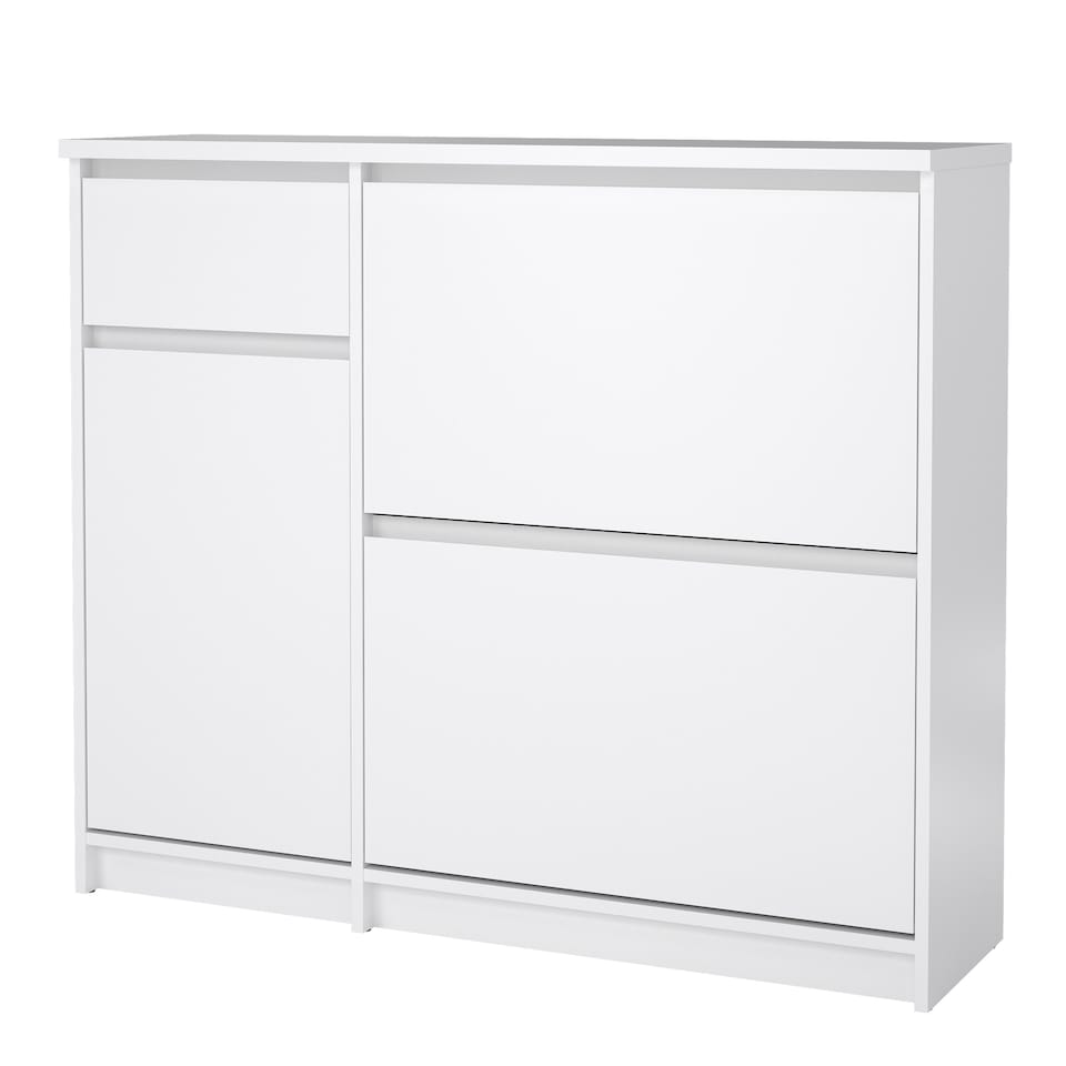 image 1 of Naia Shoe Cabinet with 2 Flip Down Doors 1 Door and 1 Drawer in White High Gloss