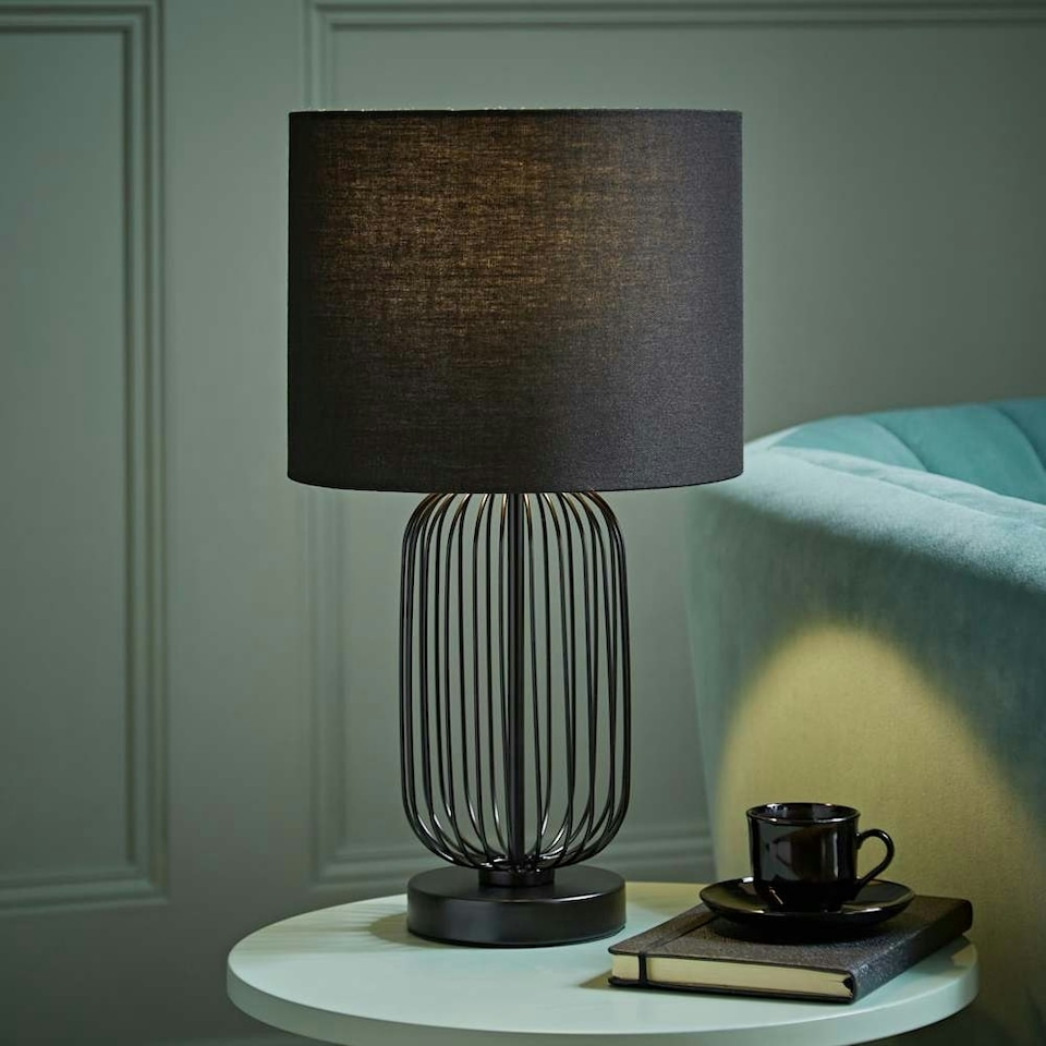 image 1 of ValueLights Gabbia Matte Black Metal Table Lamp with Small Black Drum Shade