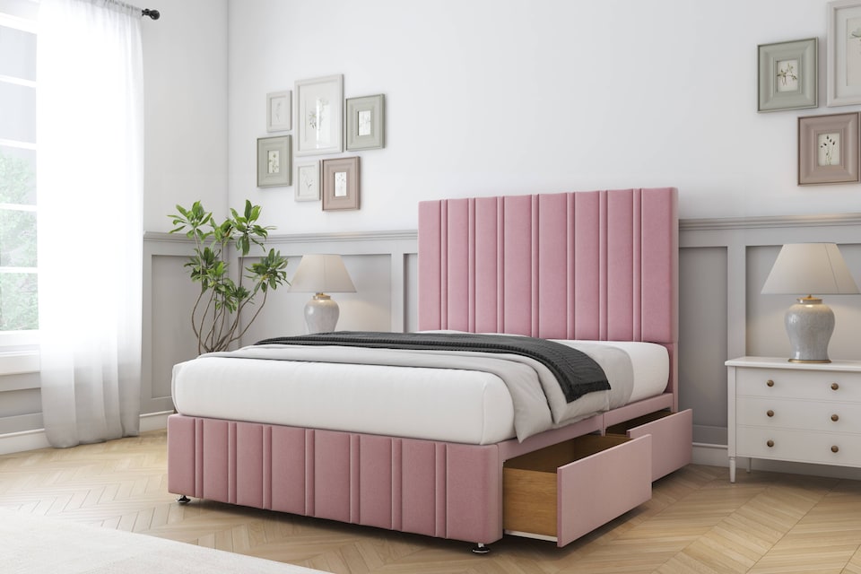 image 1 of Sloomy Langston Pink Plush Divan Bed Base No Drawers With 26 Inch Strutted Headboard & 12 Inch Matching Footboard | Pink | Pink | Super King | 1
