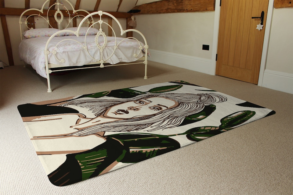 image 1 of Young Woman In Tropical Leaves Designer Rug | Multi